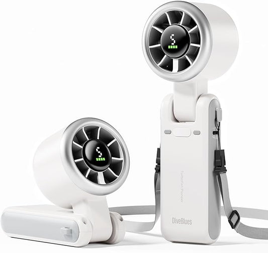 Diveblues Portable Handheld Turbo Fan, 5 Gear Wind, Battery Operated, Up to 12 Working Hours, 3 IN 1 Hand Fan with Air Turbo Tech Cooling Fan for Outdoor Activities, Travel, Working, Silvery white