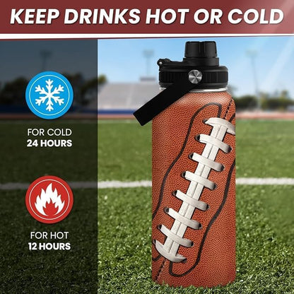Football Water Bottle - 32oz Insulated Stainless Steel Sports Bottles - Gifts for Men Football Lovers Fan Players