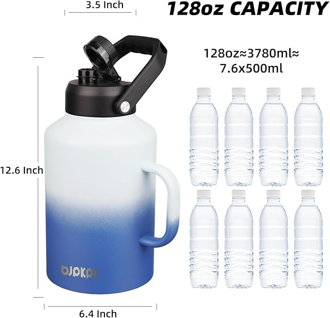 BJPKPK 1 Gallon Water Bottle with Handle, Large Dishwasher Safe 128oz Insulated Water Bottle, BPA Free Water Jug, Wide Mouth Metal Flasks with Anti-slip Bottom, Keep Cold & Hot,Sky