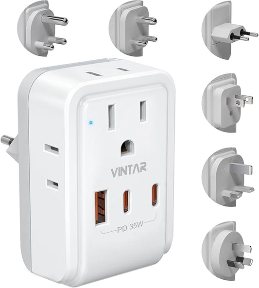 Universal Travel Adapter Kit, VINTAR PD 35W International Power Adapter with 3 USB Ports (2 USB C) and 4 AC Outlets, Type A,C,G,D,I,M Detachable Attachments, Adapter for US/EU/UK/India/AUS/Africa