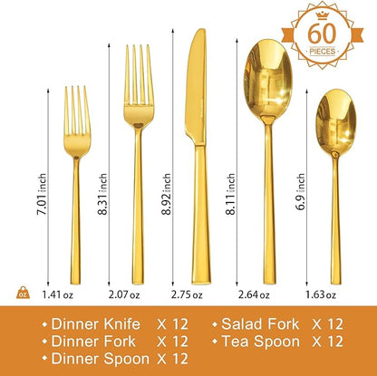KINGSTONE Gold Silverware Set, 60-Piece Forged Flatware Set Cutlery Set Premium Stainless Steel, Service for 12, for Kitchen, Home, Wedding, Party, Mirror Polished and Dishwasher Safe
