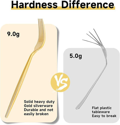 MirthMood 36 PCS Gold Plastic Silverware,Gold Silverware Disposable,Disposable Utensils Heavy Duty,Plastic Cutlery Set,Includes:12 Knives, Forks and Spoons for Party, Birthday,Wedding