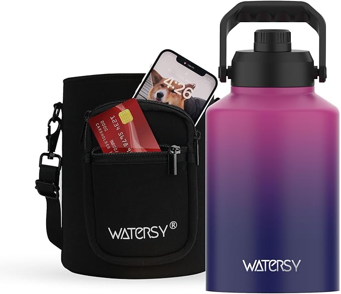 WATERSY 1 Gallon Water Bottle Insulated(Cold for 48 Hrs),BPA Free&Leak Proof,128oz Stainless Steel Water Jug,Big thermo,Large Water Bottle with Handle for Gym,Hiking,Camping&Travel,Gradient Purple