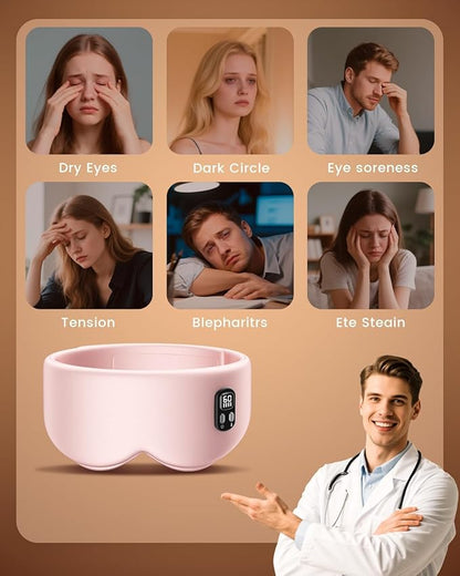 Heated Eye Mask - Cordless Eye Mask for Dry Eyes, Eye Relief, Improved Sleep, Timed Shutdown, 4 Temperature, Washable Eye Heating Pad for Travel, Christmas Gifts for Women Men - Pink