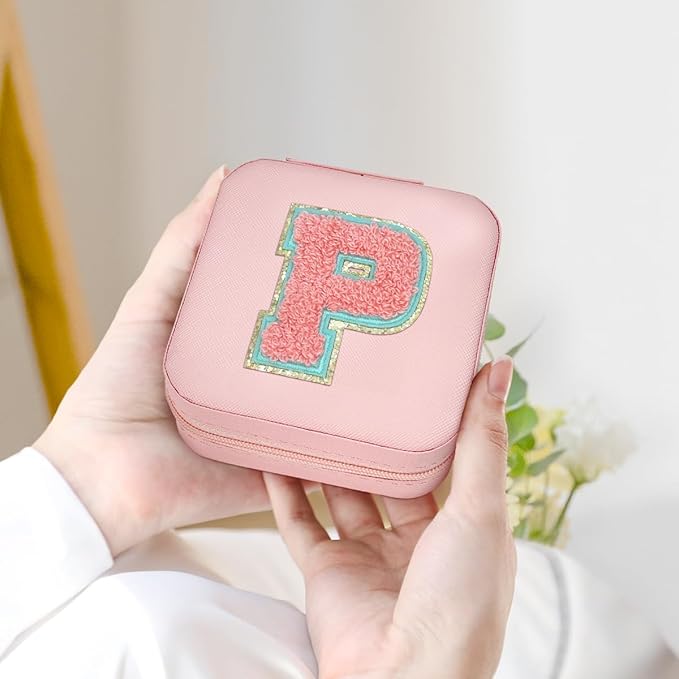 SANDJEST Personalized Jewelry Box, Pink Travel Jewelry Box with Initial P, Small Monogrammed Jewelry Case Organizer for Girls Women Teen Kids, Mini Travel Essentials Gifts for Birthday Christmas