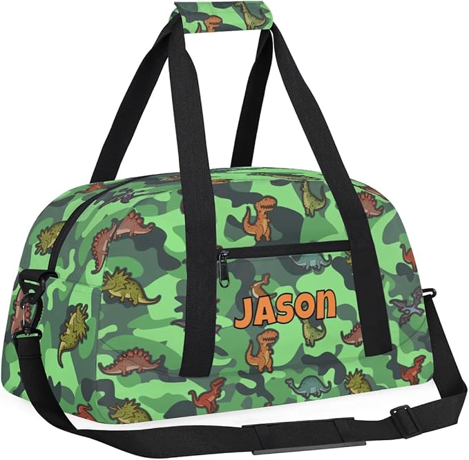 Personalized Duffel Bag for Kids Girls Boys, Cartoon Dinosaurs Custom Name Gym Bag Overnight with Padded Handles Carry On Weekend Sports Travel Bag for School Practice Gymnastics Ballet