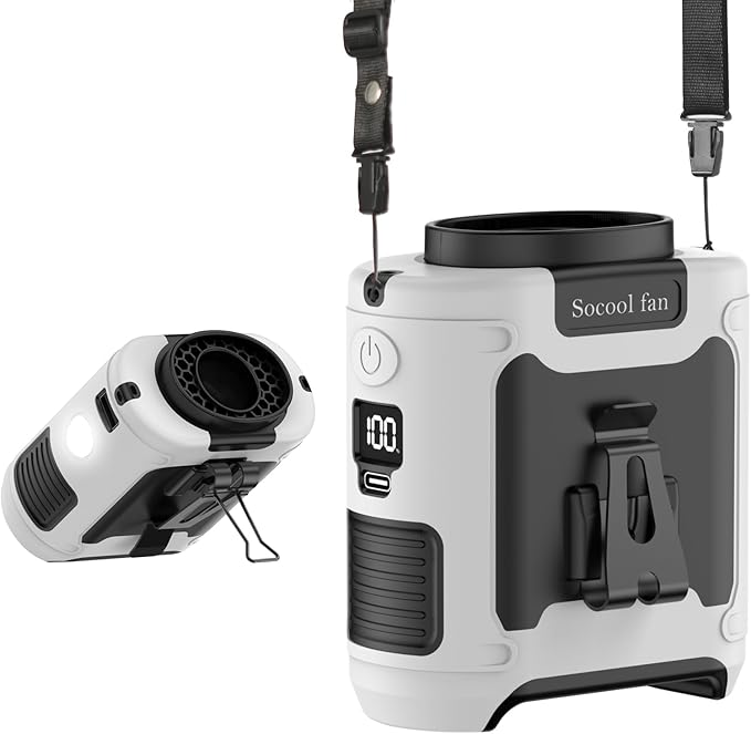 Socool 10000mAh Portable Waist Fan Clip on Wearable Belt Personal Fan Rechargeable Battery operated With 5 Speeds & Flashlight Neck Fan Hands-Free 40H Cooling For Outdoor Camping Travel (White)