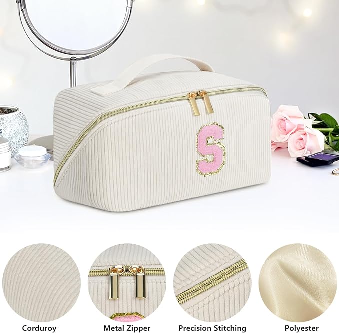 Personalized Initial Makeup Bag,Christmas Gifts for Girl,Preppy Bag Cosmetic Travel Bag Women,Travel Toiletry Organizer,Large Capacity Corduroy Stuff Bag,Cute Cosmetic Pouch Skincare Bag-P