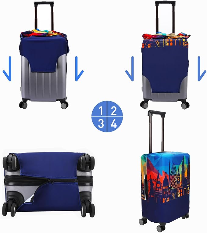 Travel Luggage Cover Protector Washable Suitcase Cover Fits 23-26 Inch Luggage (M,Blue,Landmark)