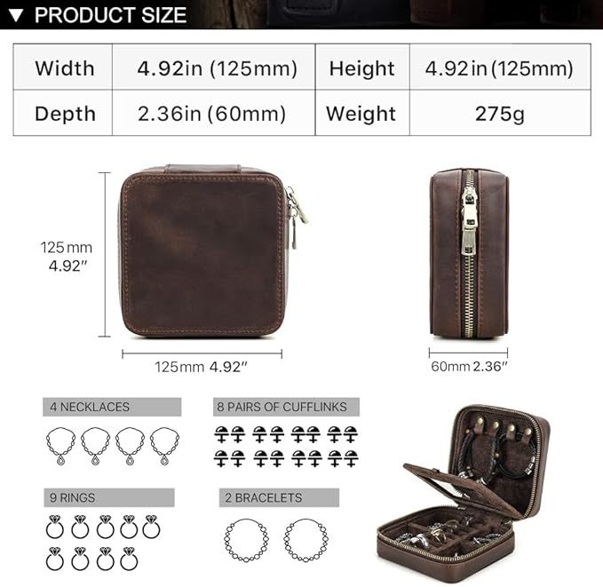 CONTACTS Genuine Leather Jewelry Box Travel Jewelry Storage Organizer for Men Portable Case for Cufflinks Ring Necklace Earrings with Mirror, Square+mirror, Coffee