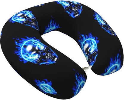 Neck Pillow Memory Foam Chin Cushion with Breathable Cover Blue Fire Skull, Cute Airplane Car Pillows for Office Head Pain Relief