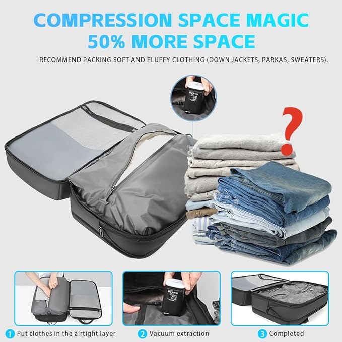 TANGCOLR Vacuum Travel Backpack with Pump for Men Women, 47L Expandable Vacpack Laptop Backpack Flight Approved with Vacuum Compression System