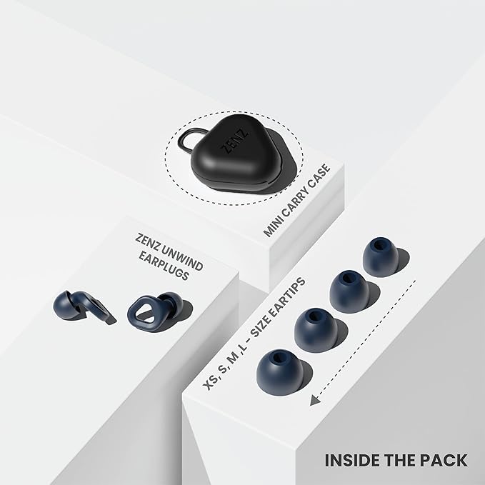Zenz Unwind Ear Plugs for Sleeping Noise Reduction - Comfy Reusable Soft Silicone Earplugs for Focus, Study, Work - 8 Pair Eartips in XS/S/M/L - 27dB Hearing Protection with Storage Case - Lagoon navy