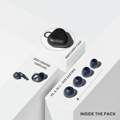 Zenz Unwind Ear Plugs for Sleeping Noise Reduction - Comfy Reusable Soft Silicone Earplugs for Focus, Study, Work - 8 Pair Eartips in XS/S/M/L - 27dB Hearing Protection with Storage Case - Lagoon navy