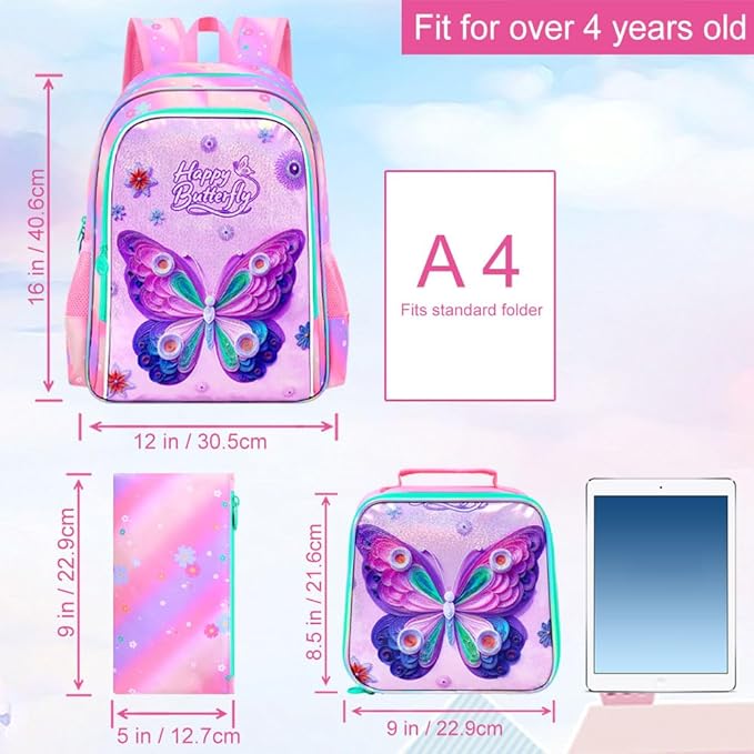WZLVO 3PCS Kids Backpack for Girls, Unicorn Dinosaur Animal Prechool Elementary Kindergarten School Bookbag with Lunch Box
