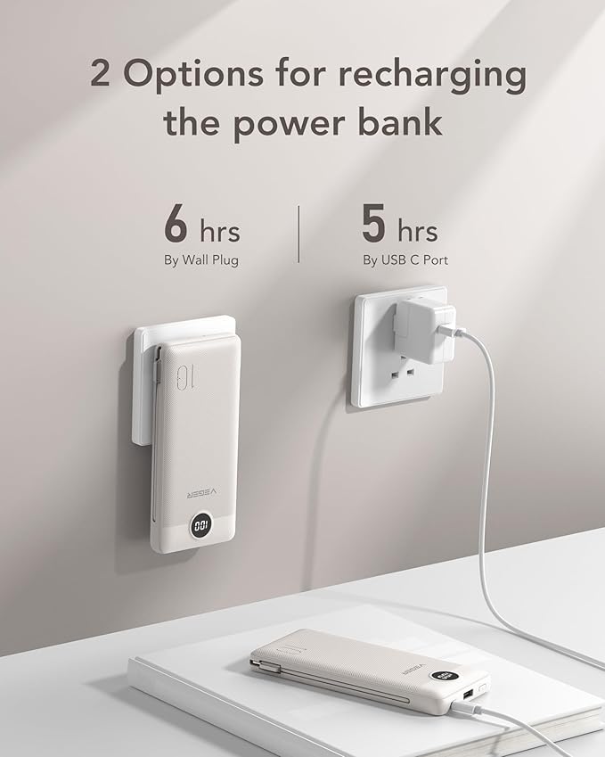 VEGER Portable Charger with Built-in AC Plug and Cables, All in One 10000mAh Ultra Slim Power Bank Travel Essentials, 15W Fast Charging Battery Pack Compatible with iPhone, Samsung, Android (Coffee)