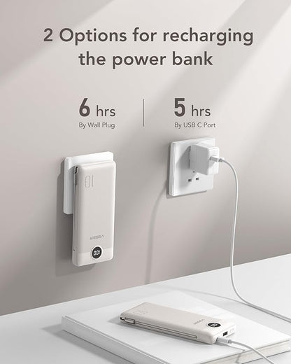 VEGER Portable Charger with Built-in AC Plug and Cables, All in One 10000mAh Ultra Slim Power Bank Travel Essentials, 15W Fast Charging Battery Pack Compatible with iPhone, Samsung, Android (Coffee)