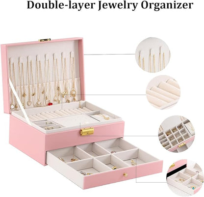 GUOER Jewelry Organizer Box for Women - Large PU Leather Jewelry Organizer Storage Case with Two Layers Display for Earrings Bracelets Rings Watches (Pink)