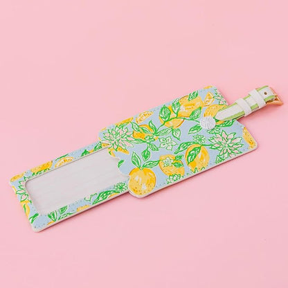 Lilly Pulitzer Leatherette Luggage Tag with Secure Strap, Colorful Suitcase Identifier for Travel, Make Lemonade