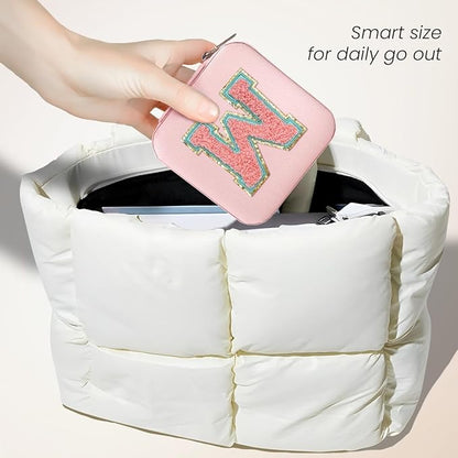 SANDJEST Personalized Jewelry Box, Pink Travel Jewelry Box with Initial W, Small Monogrammed Jewelry Case Organizer for Girls Women Teen Kids, Mini Travel Essentials Gifts for Birthday Christmas