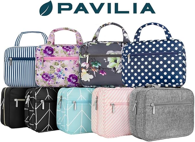 PAVILIA Hanging Toiletry Bag Travel Bag Women Men, Foldable Cosmetic Organizer, Roll up Makeup Bag, Water Resistant Accessories Toiletries, Large Travel Essentials Kit (Navy Stripe)