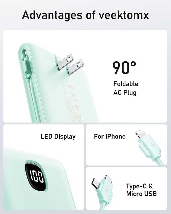 VEEKTOMX Portable Charger with Built in Cables 10000mAh, Power Bank for iPhone with Wall Plug, Travel Essential Fast Charging Slim USB C External Battery Pack for iPhone 17/16/15, Samsung, iPad, etc
