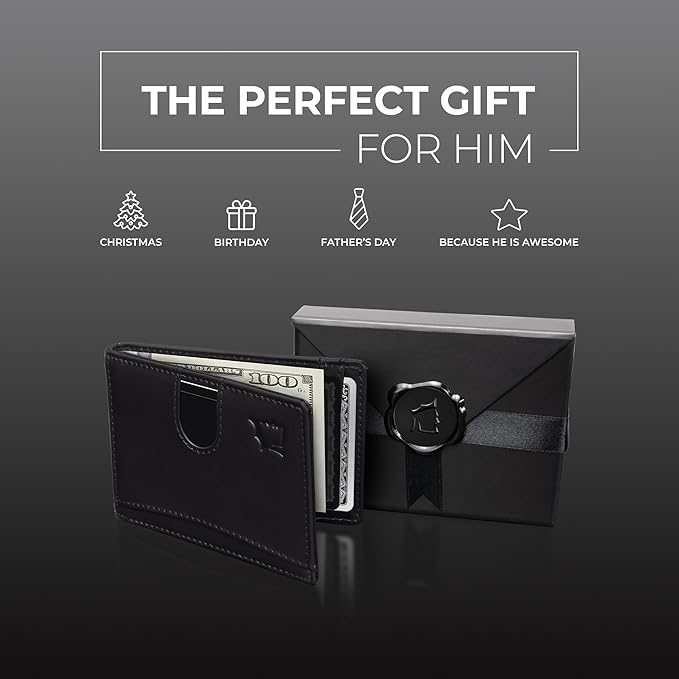 Kingly Cash Clip Slim Leather Wallet for Men with RFID Blocking & Money Clip - Minimalist Front Pocket Bifold Wallet Holds 12 Cards - Secure Card Holder with Easy Access Pull Tab