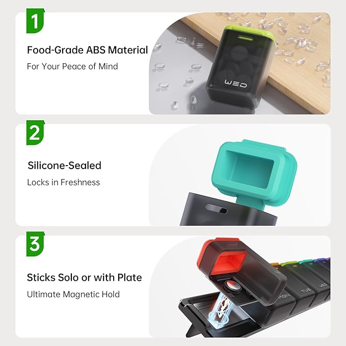 Weekly Pill Organizer Magnetic, Removable Pill Box 7 Day 1 Time a Day, Large Travel Pill Case, Week Once Daily Medication Dispenser, Medicine Container Holder for Supplement, Vitamin, Black