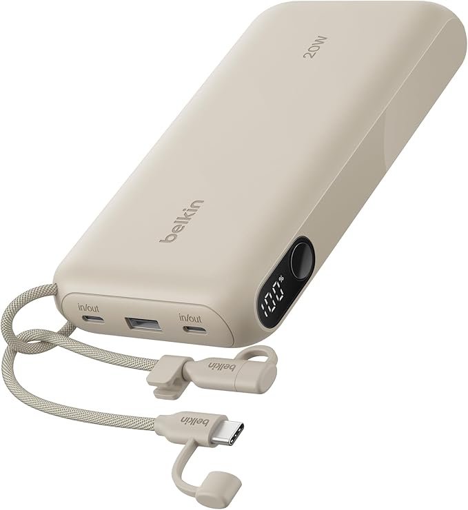 Belkin Portable Charger, USB-C Power Bank 20,000mAh w/ 2X USB-C Ports & 1x A Port, Digital Battery Display, 20W Charging for iPhone 17, Air, Pro, Samsung Galaxy S25, Pixel 10, iPad, & More - Sand