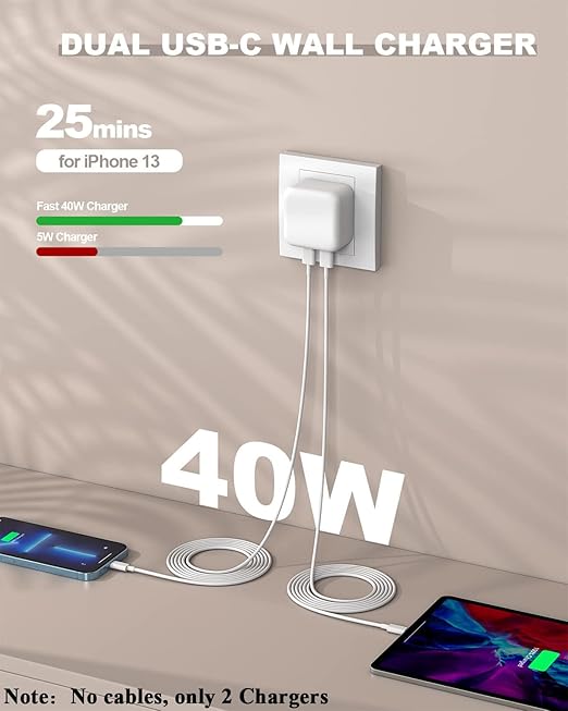 Fast iPhone 15 Charger Block, 2 Pack 40W Dual USB C Wall Charger PD Fast Charging Block Type C Foldable Charger Power Adapter Plug Box Apple Chargers for iPhone 15/14/13 Pro/12 Pro/Mini/iPad