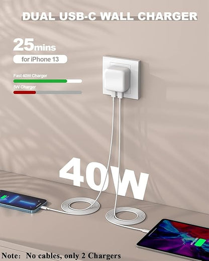 Fast iPhone 15 Charger Block, 2 Pack 40W Dual USB C Wall Charger PD Fast Charging Block Type C Foldable Charger Power Adapter Plug Box Apple Chargers for iPhone 15/14/13 Pro/12 Pro/Mini/iPad
