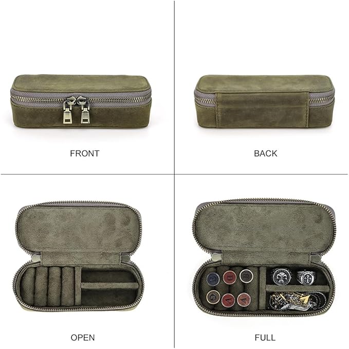 CONTACTS Crazy Horse Leather Cufflink Box for Men Travel Jewelry Storage Case Small Jewelry Organizer Padded Tray for Cufflinks Rings Earrings Studs (Green)