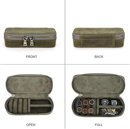 CONTACTS Crazy Horse Leather Cufflink Box for Men Travel Jewelry Storage Case Small Jewelry Organizer Padded Tray for Cufflinks Rings Earrings Studs (Green)
