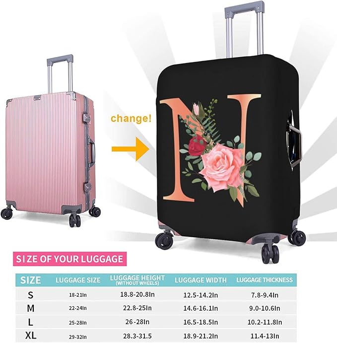 Floral Letter N Travel Luggage Cover Spandex Suitcase Protector Elastic Washable Stretch Suitcase Cover,Size L(Fit 25-28inch Suitcase)