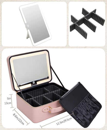Makeup Bag with LED Mirror, Portable Makeup Artist Organizer Case with Lighted Mirror, Travel Makeup Bag for Women Cosmetic Brush Holder Storage, Pink Makeup Gift for Girls