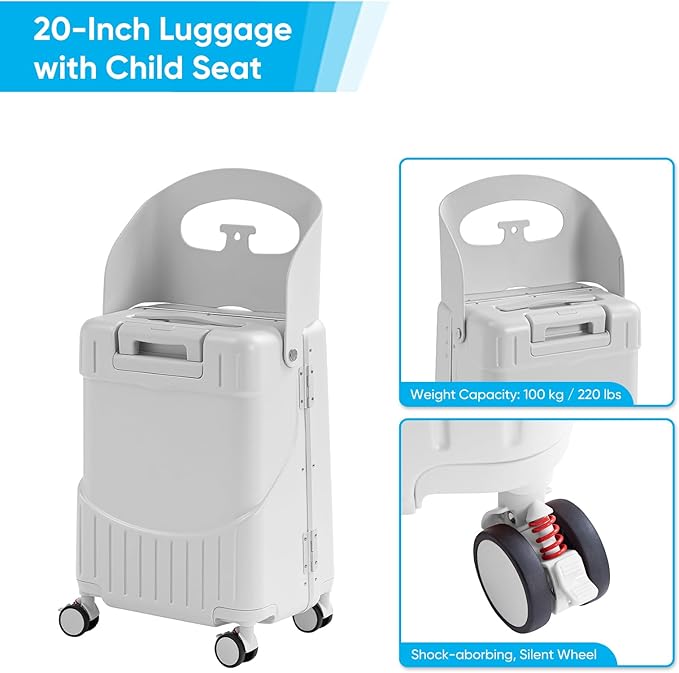 20'' Luggage with Child Seat, Ride On Suitcase with Shockproof Silent Spinner Wheels, TSA Lock, Carry On Luggage with Foldable Backrest, Bag Hook for Kids.