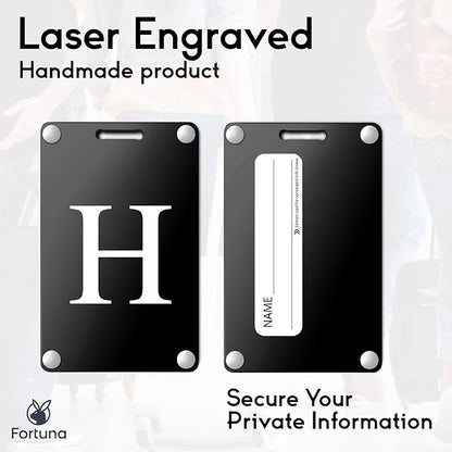 Premium 3-Layer Aluminum Luggage Tags by Fortuna - Easy to Claim, Laser-Engraved, Plastic-Free, and Eco-Friendly Luggage Tag Holders, 2-Pack, Black (H)