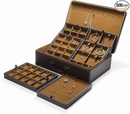 Jewelry Trays stacks Carriable with Handle Zipper Box Organizer Faux-Leather Accessory Case Storage(L6 Layers)