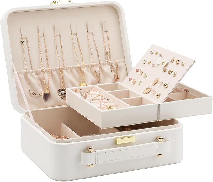 White Jewelry Box - Large Travel Jewelry Case Organizer, 2 Layer Holder, Women's Watch Case