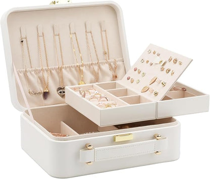 White Jewelry Box - Large Travel Jewelry Case Organizer, 2 Layer Holder, Women's Watch Case