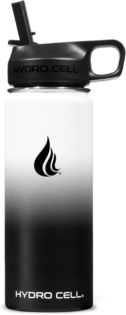 HYDRO CELL Stainless Steel Insulated Water Bottle with Straw - For Cold & Hot Drinks - Metal Vacuum Flask with Screw Cap and Modern Leakproof Sport Thermos for Adults (Black/White 18oz)