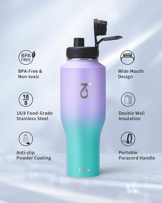 Trebo 40oz Insulated Water Bottle that Fits in Cup Holder, Stainless Steel Double Wall Tumbler Bottles with Paracord Handle, Flask with Straw Spout Lids, Keep Cold for 48 Hrs/Hot 24 Hrs,Cotton Candy