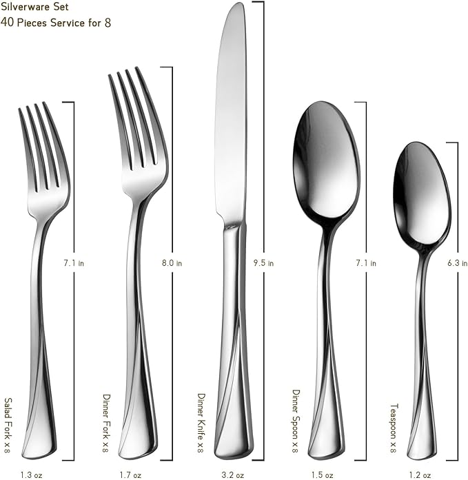 Alata Alice 40-Piece Silverware Set Stainless Steel Flatware Set,Service for 8,Mirror Polished Cutlery Set,Dishwasher Safe