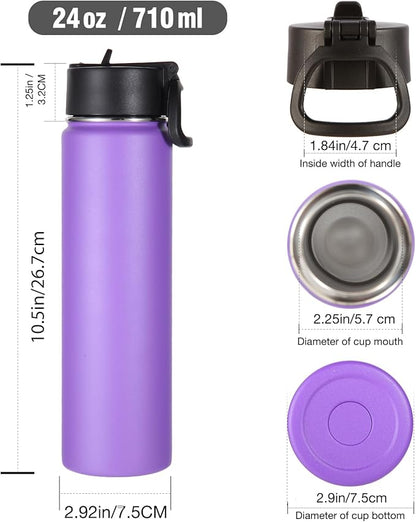 Volhoply 24oz Insulated Water Bottle With Straw Bulk 6 Pack,Metal Wide Mouth Water Bottles With Handle Lid Keep Cold,Reusable Double Wall Cups,Powder Coated Sport Bottle For Holder(Purple,6 Count)