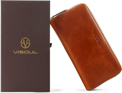VISOUL Leather Long Zipper Pouch Wallet for Men and Women with RFID Blocking, Large Clutch Cash Long Wallet with Zipper (Orange)