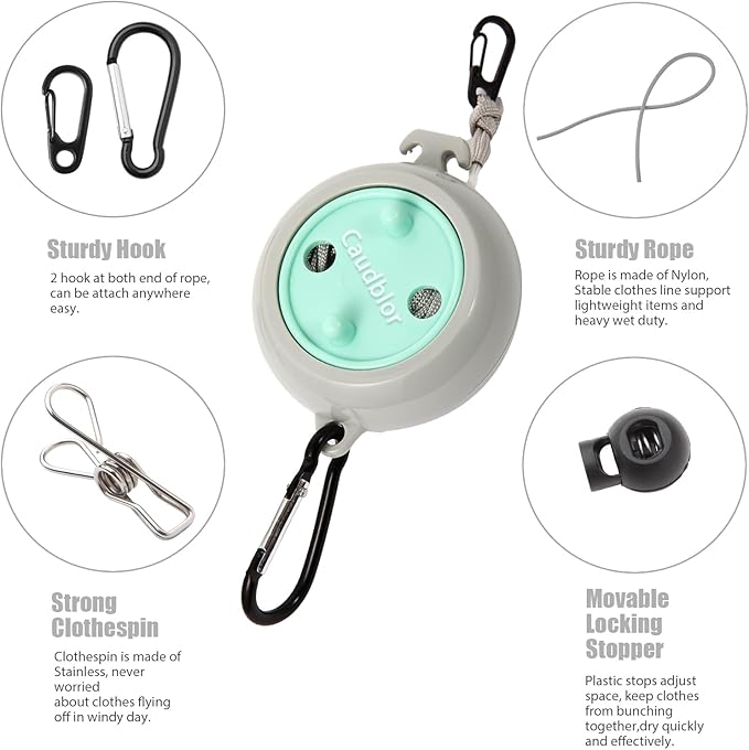 Portable Travel Clothesline Cord, Caudblor Adjustable 33ft Camping Clothes line, Laundry Drying Rope for Hotel Trip, Cruise, Outdoor/Indoor, with 12Pcs Stoppers, Windproof Clothespins