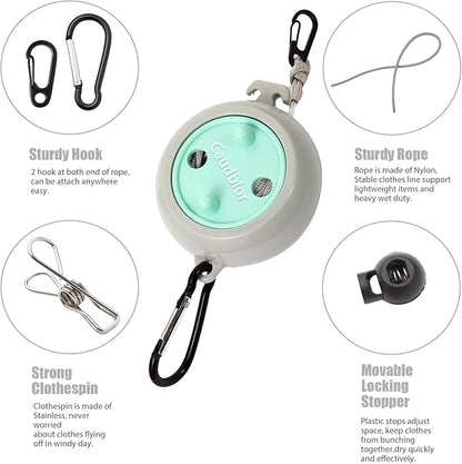 Portable Travel Clothesline Cord, Caudblor Adjustable 33ft Camping Clothes line, Laundry Drying Rope for Hotel Trip, Cruise, Outdoor/Indoor, with 12Pcs Stoppers, Windproof Clothespins