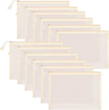 12 Pieces Zipper Nylon Mesh Pouch, Mesh Cosmetic Bags Makeup Bags Pencil Case, Multipurpose Travel Bags for Cosmetic School Office Supplies and Travel Accessories (Beige, A5)