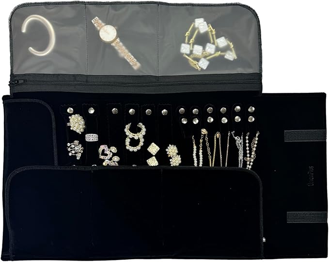 UnionPlus Velvet Travel Jewelry Case Roll Bag Organizer for Necklace Bracelet Earrings Ring, 6 PVC Pockets, Black Upgrade Version
