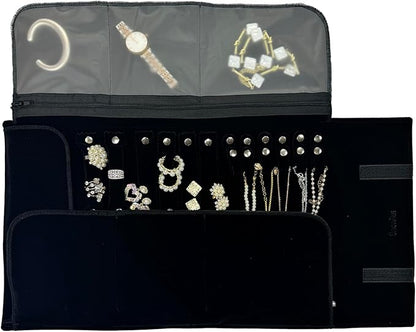 UnionPlus Velvet Travel Jewelry Case Roll Bag Organizer for Necklace Bracelet Earrings Ring, 6 PVC Pockets, Black Upgrade Version
